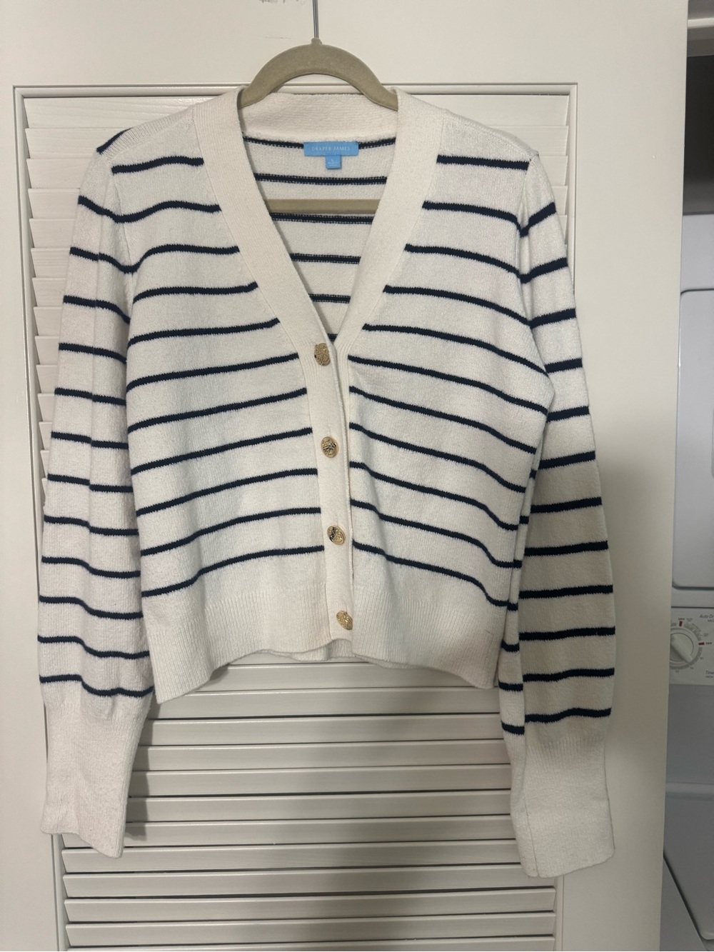 Draper James White and Navy Striped V-Neck Cardigan